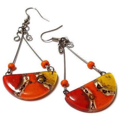 Red Yellow, orange and Brown Recycled Fused Glass Chandelier earrings