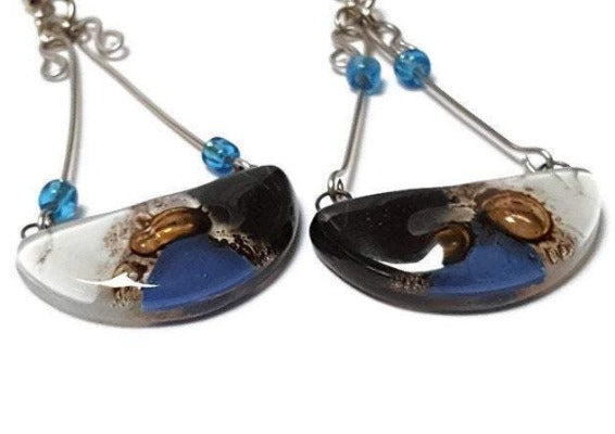 Handmade Fused Glass Long Chandelier earrings Blue, Black Brown and white