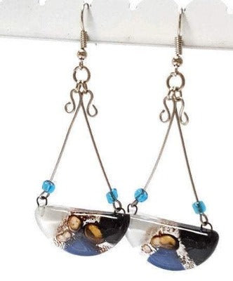 Handmade Fused Glass Long Chandelier earrings Blue, Black Brown and white