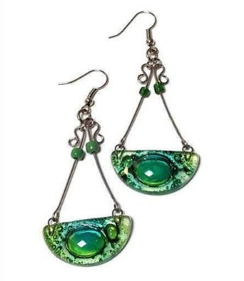 Chandelier Earrings. Recycled Fused GLass green beads.