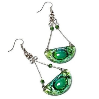 Chandelier Earrings. Recycled Fused GLass green beads.