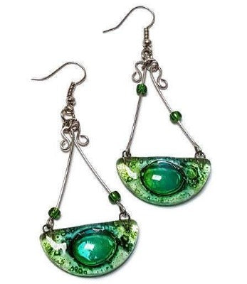 Chandelier Earrings. Recycled Fused GLass green beads.