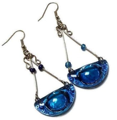 recycled glass handmade chandelier earrings. Blue!!