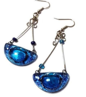 recycled glass handmade chandelier earrings. Blue!!