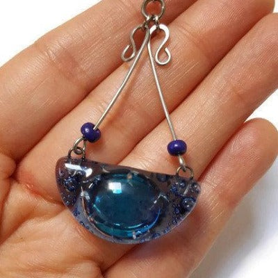 recycled glass handmade chandelier earrings. Blue!!
