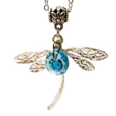 Dragonfly necklace. Recycled fused glass turquoise bead.