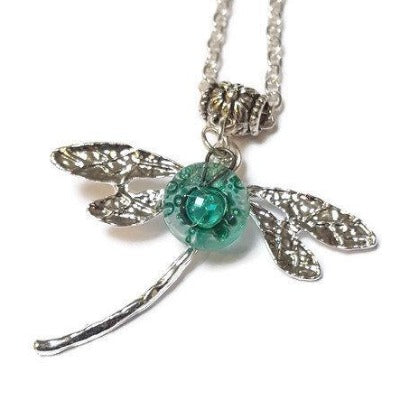 Dragonfly necklace. Recycled fused glass green bead.