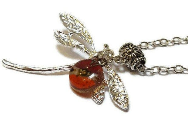 Dragonfly necklace. Recycled fused glass Red, orange and Brown bead.