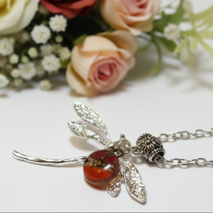 Dragonfly necklace. Recycled fused glass Red, orange and Brown bead.