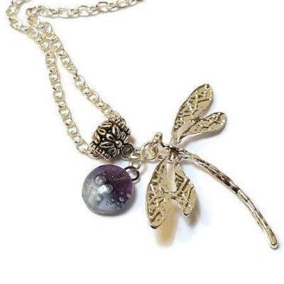 Dragonfly necklace. Recycled fused glass lavender color bead.