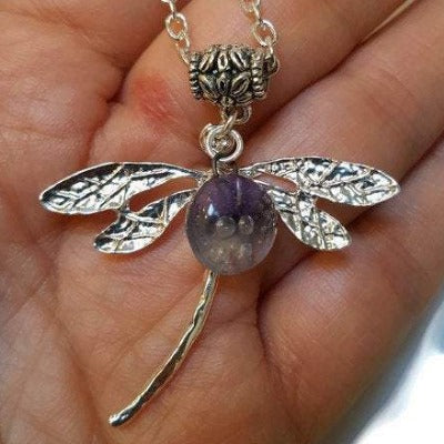 Dragonfly necklace. Recycled fused glass lavender color bead.