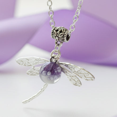Dragonfly necklace. Recycled fused glass lavender color bead.