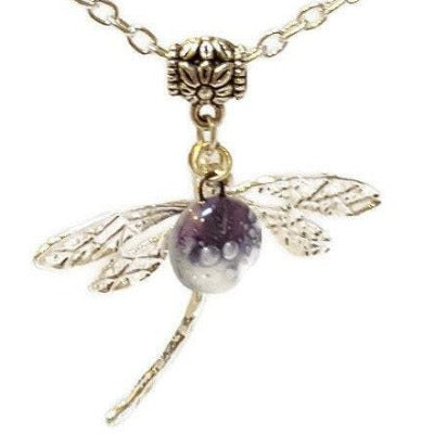Dragonfly necklace. Recycled fused glass lavender color bead.