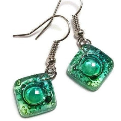 Small green recycled fused glass dangle earrings. Drop earrings. Handmade earrings