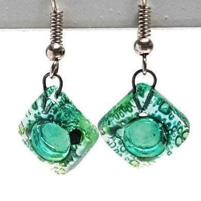 Small green recycled fused glass dangle earrings. Drop earrings. Handmade earrings