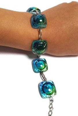 Recycled Fused Glass Green, Blue, and Turqouoise Bracelet