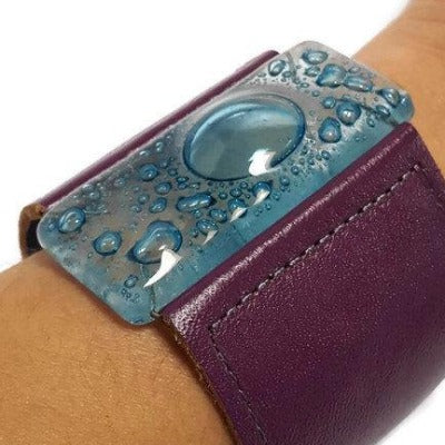 Wide Leather cuff . Glass and leather. Turquoise glass with Purple Leather Cuff. Glass wide bracelet