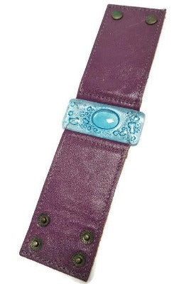 Wide Leather cuff . Glass and leather. Turquoise glass with Purple Leather Cuff. Glass wide bracelet