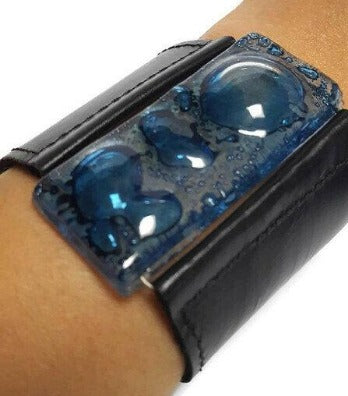 Black Leather and blue Glass Cuff Bracelet!! Recycled fused glass wide leather bracelet