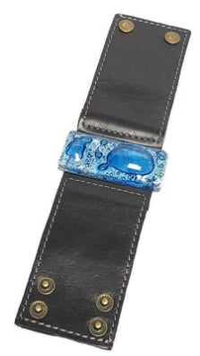 Black Leather and blue Glass Cuff Bracelet!! Recycled fused glass wide leather bracelet