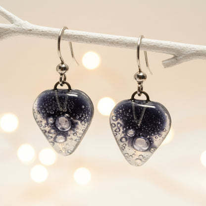 Small purple Earrings. Heart Shape Recycled glass Jewelry. Fused glass purply gray drop Earrings.