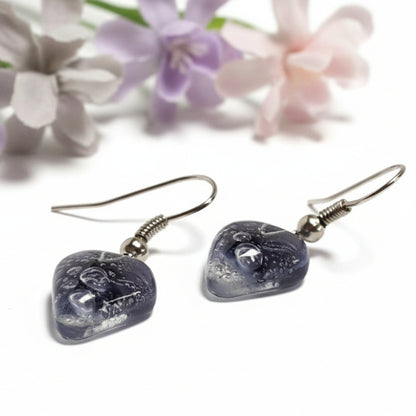 Small purple Earrings. Heart Shape Recycled glass Jewelry. Fused glass purply gray drop Earrings.