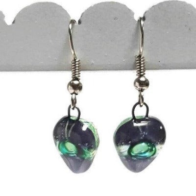 Small purple and green Earrings. Heart Shape Recycled Fused glass purply gray drop Earrings.