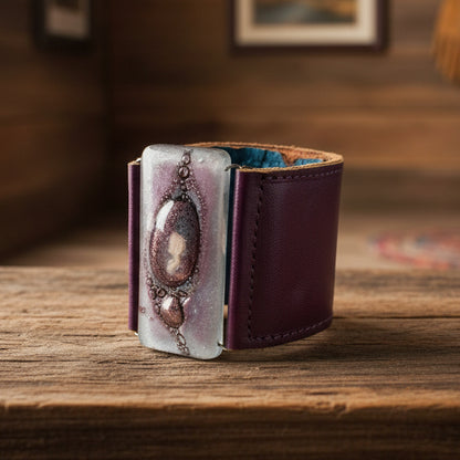 Glass and leather. Lavender lilac with Purple Leather Cuff. Recycled fused Glass wide bracelet