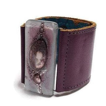 Glass and leather. Lavender lilac with Purple Leather Cuff. Recycled fused Glass wide bracelet