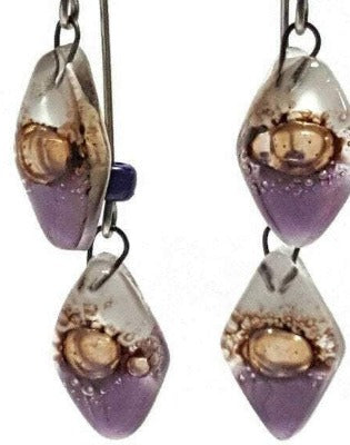 Long multiple bead white earrings Purple, brown and white