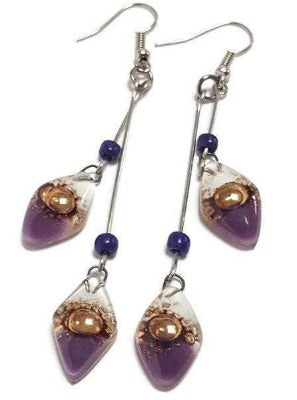 Long multiple bead white earrings Purple, brown and white
