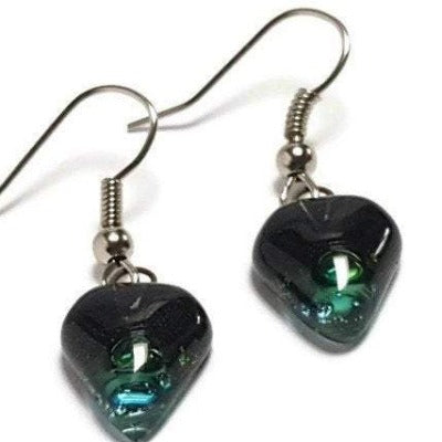 Small turquoise, green and black Earrings. Heart Shape Recycled glass Jewelry. Fused glass