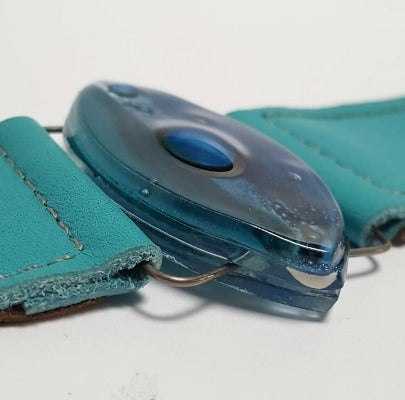 Leather cuff. Blue and teal Fused Glass and turquoise leather Bracelet.