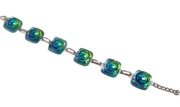 Recycled Fused Glass Green, Blue, and Turqouoise Bracelet