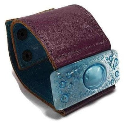 Wide Leather cuff . Glass and leather. Turquoise glass with Purple Leather Cuff. Glass wide bracelet