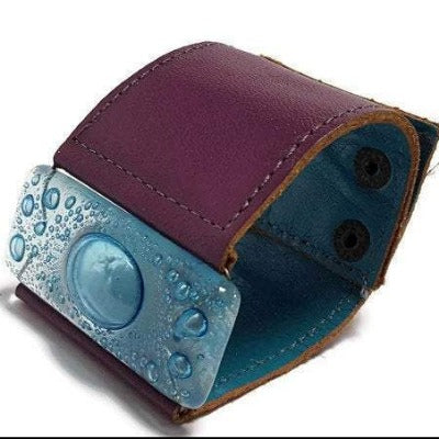 Wide Leather cuff . Glass and leather. Turquoise glass with Purple Leather Cuff. Glass wide bracelet