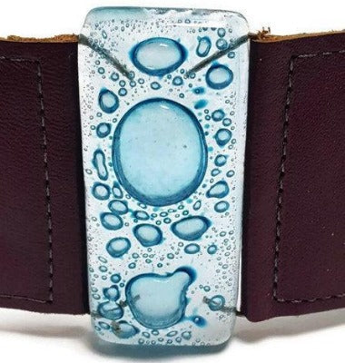 Wide Leather cuff . Glass and leather. Turquoise glass with Purple Leather Cuff. Glass wide bracelet