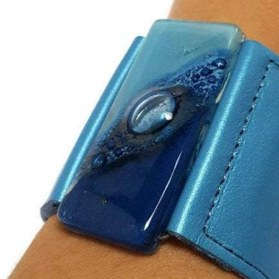 Wide Leather Cuff. Metallic light blue Leather Bracelet. Recycled glass Bracelet.