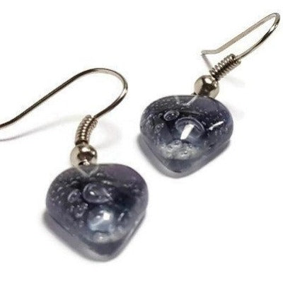 Small purple Earrings. Heart Shape Recycled glass Jewelry. Fused glass purply gray drop Earrings.