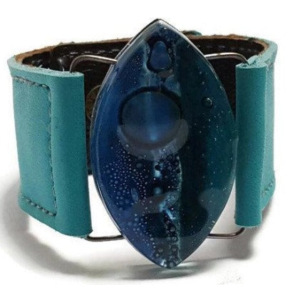 Leather cuff. Blue and teal Fused Glass and turquoise leather Bracelet.