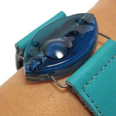 Leather cuff. Blue and teal Fused Glass and turquoise leather Bracelet.