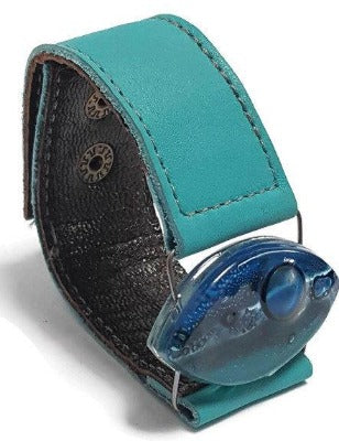 Leather cuff. Blue and teal Fused Glass and turquoise leather Bracelet.