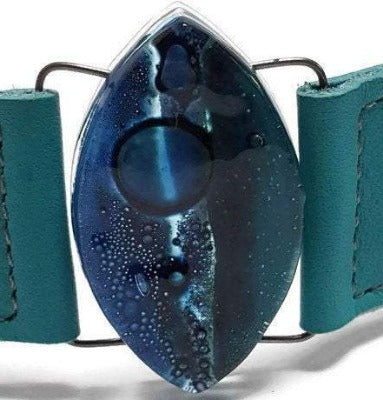 Leather cuff. Blue and teal Fused Glass and turquoise leather Bracelet.