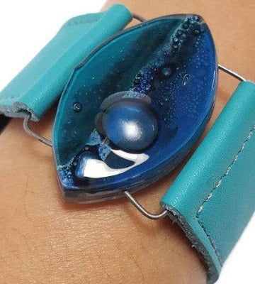 Leather cuff. Blue and teal Fused Glass and turquoise leather Bracelet.