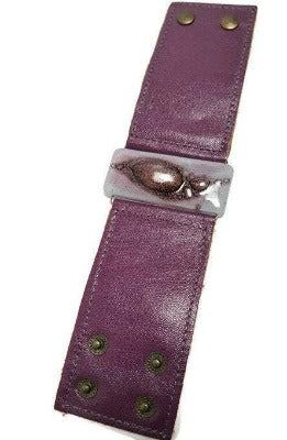 Glass and leather. Lavender lilac with Purple Leather Cuff. Recycled fused Glass wide bracelet