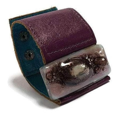 Glass and leather. Lavender lilac with Purple Leather Cuff. Recycled fused Glass wide bracelet