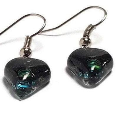Small turquoise, green and black Earrings. Heart Shape Recycled glass Jewelry. Fused glass