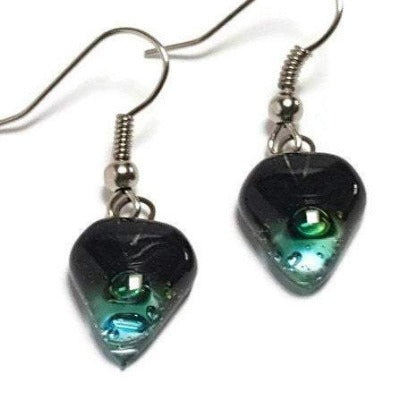 Small turquoise, green and black Earrings. Heart Shape Recycled glass Jewelry. Fused glass