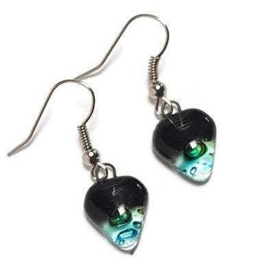 Small turquoise, green and black Earrings. Heart Shape Recycled glass Jewelry. Fused glass