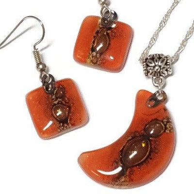 Set earrings and Moon pendant. Red  and brown Recycled Glass. Handmade